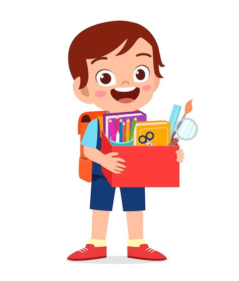 Feliz Niño Pequeño Niño Lindo Llevar Caja De útiles Escolares Vector