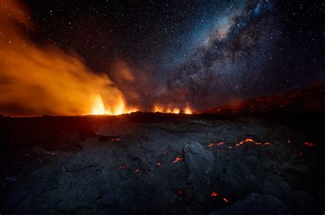Landscape Volcano Eruption Sky Lava Island Smoke Night Stars