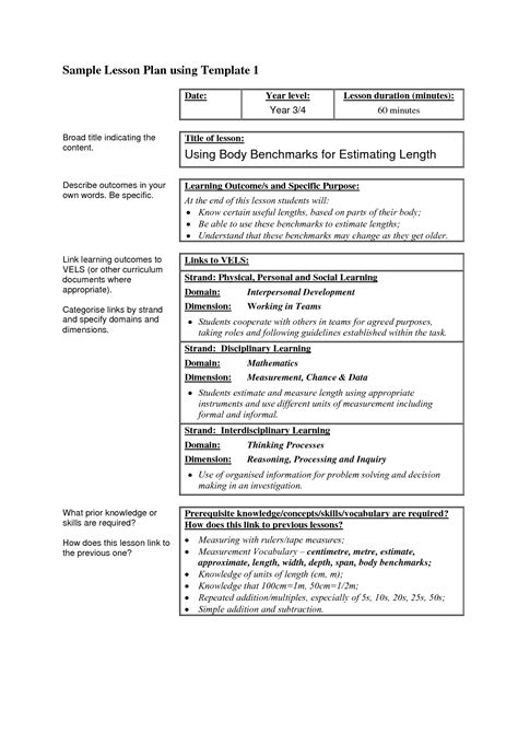 Sample Lesson Plan Using Template 1 Body Benchmarks Lesson Plan