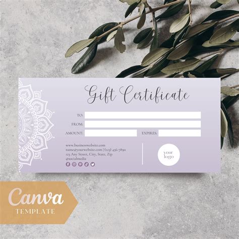 Gift Certificate Canva Gift Certificate Template Purple Etsy