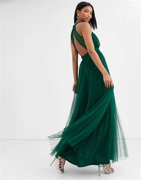 Asos Design Halter Cross Over Front Tulle Maxi Dress In Forest Green Asos
