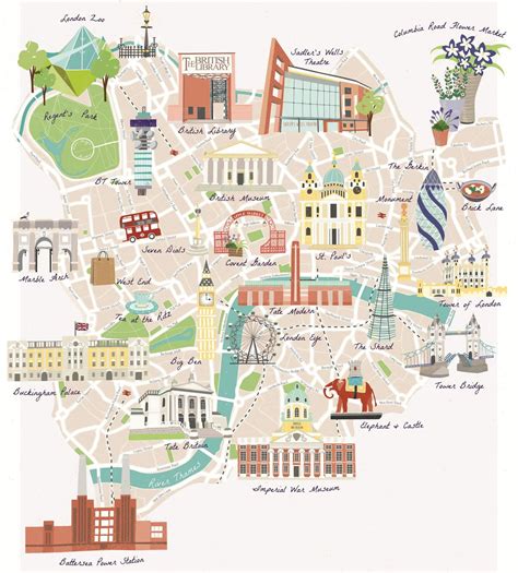 Illustrated Map Of Famous London Landmarks Including Buckingham Palace