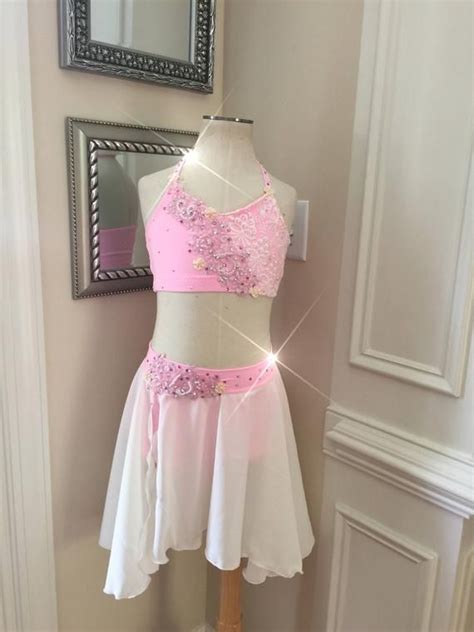 2 piece custom lyrical dance costume jazz or contemporary pink with ivory appliques lace