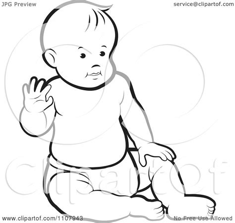 Clipart Outlined Caucasian Baby Boy Sitting Up And Waving Royalty