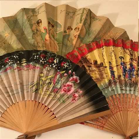 3 Asian Wood Folding Fans Decorative Ornate Hand Held Paper Etsy