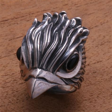 Mens Obsidian And Sterling Silver Hawk Ring From Bali Sharp Hawk
