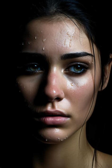 Photo Portrait Head And Shoulders Crying Supermodel Woman Eyes With Tears And Smudged Makeup