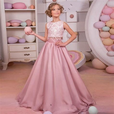 2017 Sweet Dusty Pink Lace Flower Girls Dress Two Pieces Junior Party