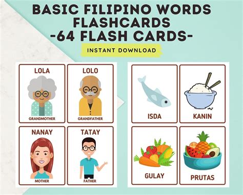 basic filipino words 64 cards flashcards tagalog flashcards with english translation printable