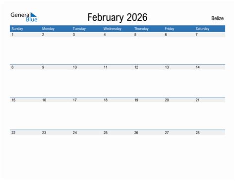 February 2026 Calendar With Belize Holidays