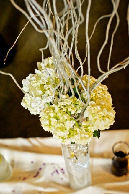 Tall Centerpiece With Hydrangea And Silver Curly Willow And Cylinder Vases With Lights Vase