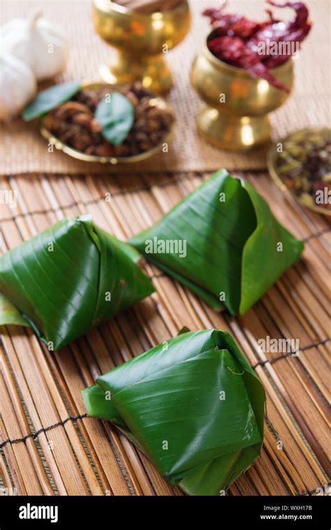Nasi Lemak Popular Traditional Malaysian Food Wrapped With Banana Leaf