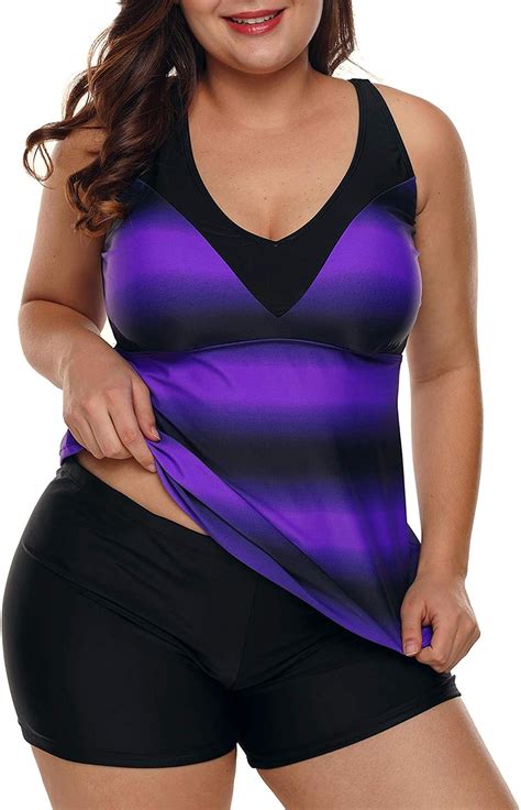 Keasuzy Womens Plus Size Swimsuit Halter Tankini Top And Skort Bottom Set Bathing Suits Purple