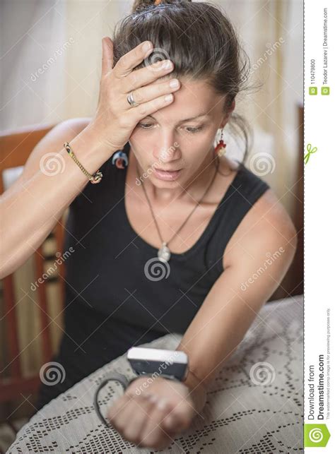 Woman Shocked With Blood Pressure Results Stock Photo Image Of