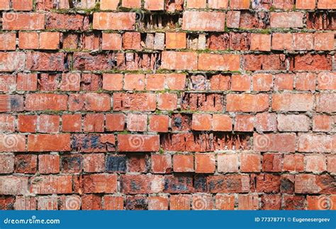 Old Damaged Red Brick Wall With Moss Stock Image Image Of Masonry