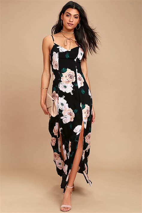 Lovely Black Floral Print Dress Maxi Dress Twin Slit Maxi 5400