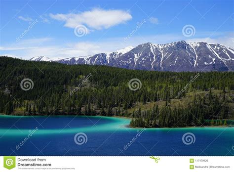 Emerald Lake Yukon Canada With Mountains And Forest On The Background