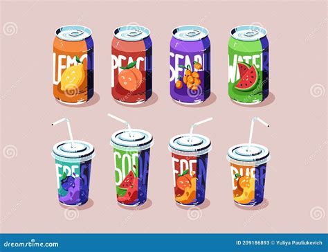 Soda Cups And Cans Set Drinks Of Various Flavors Stock Vector