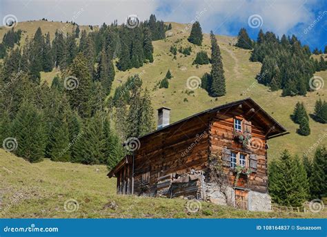 Small Wooden Cabin In The Swiss Alps Stock Image Image Of Meadow