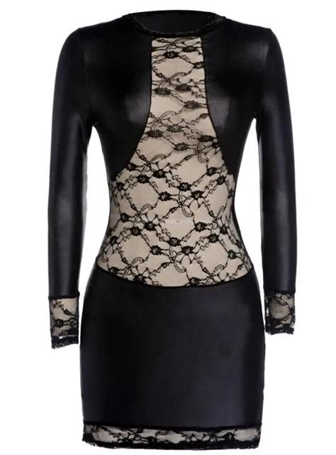 2017 For Women Sexy Black Lace Pvc Bodycon Dress Fetish Faux Leather Gothic Long Sleeves O Neck