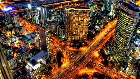 Seul Coréia Cidade Arranha Céus Estradas Luzes Noturna Papéis De