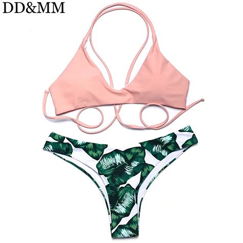 Ddandmm Green Leaf Print Bikini Set 2018 Women Thong Bottom Brazilian