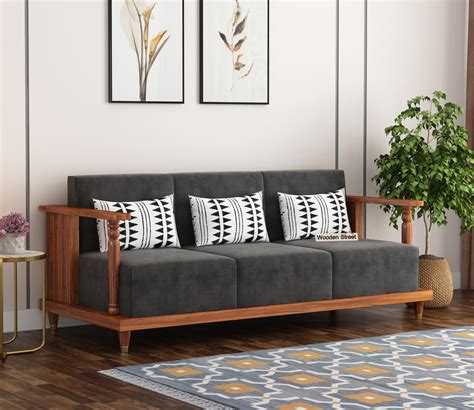 Buy Georgia 3 Seater Wooden Sofa Teak Finish Graphite Grey Online In