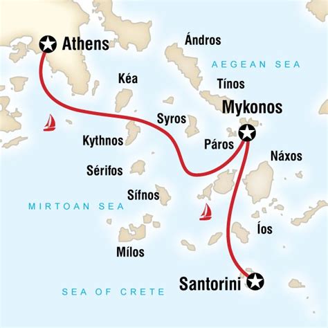 Map Of The Route For Sailing Greece Santorini To Athens Sailing