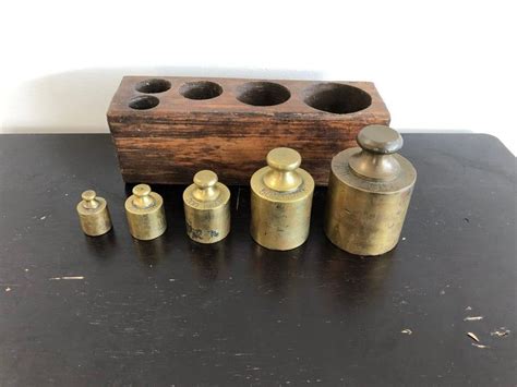 Vintage Brass Weight Set In Wooden Block Set Of 5 Antique Brass Scale