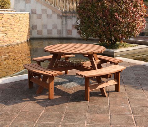 Garden Patio 8 Seater Wooden Pub Bench Round Picnic Table Furniture