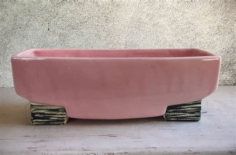 1950s Mccoy Pottery Planter Pink Rectangular With Black Feet