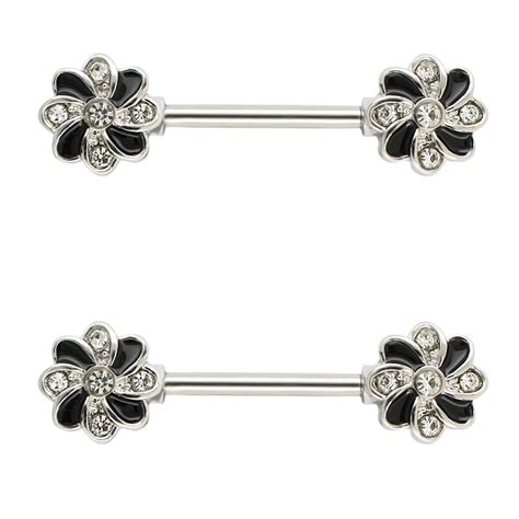 Jhjt 2pcs 14g Nipple Barbell Ring Shied Barbell Black Flower Nipple