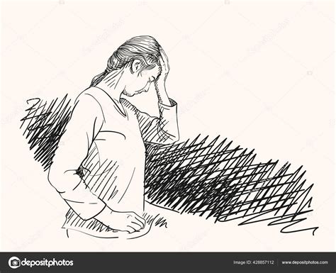 Sketch Young Woman Has Headache Holding Hand Her Head Cross Stock