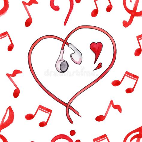 Red Notes Earphones Hearts Love Music Seamless Pattern Vector Stock