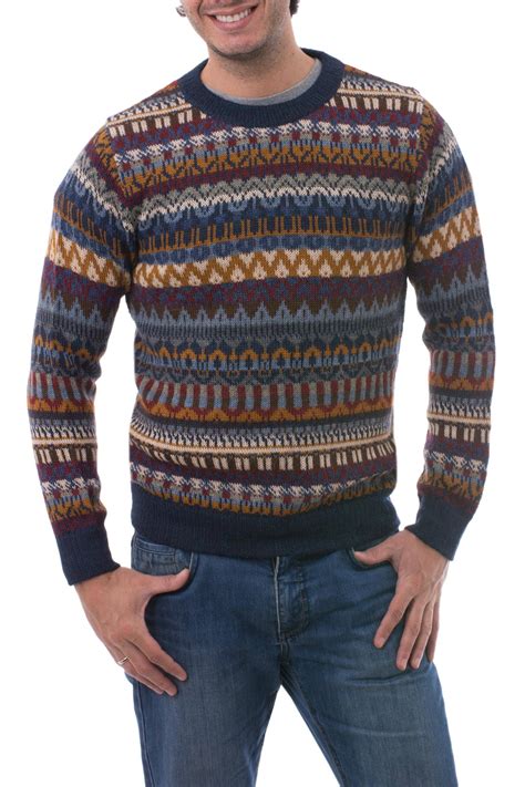 Kiva Store Multicolor Alpaca Mens Sweater With Blue Trim From Peru