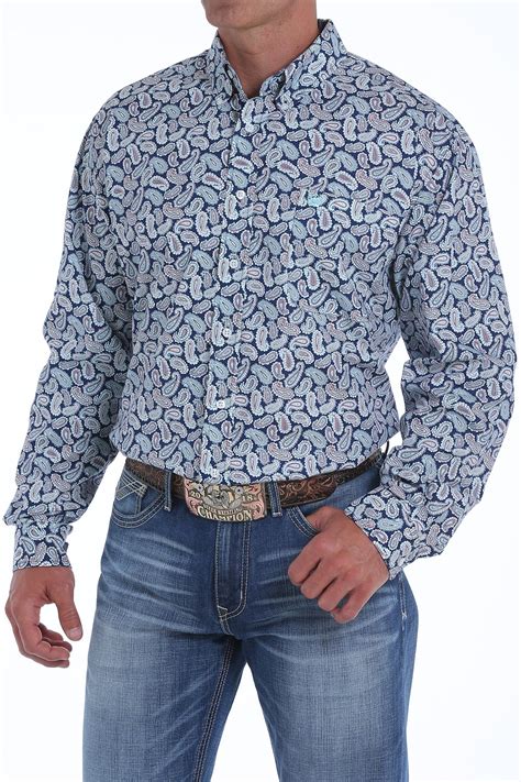 Cinch Jeans Mens Navy And Light Blue Pine Print Button Down Western