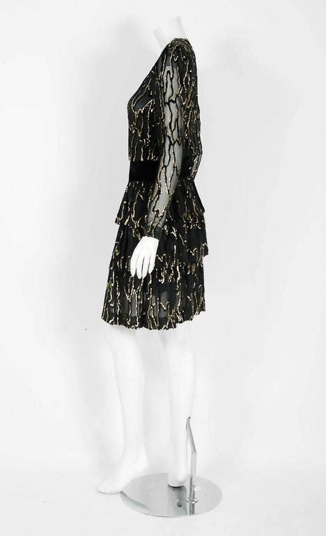 1979 Givenchy Haute Couture Metallic Gold And Black Burnout Velvet Tiered Dress For Sale At 1stdibs