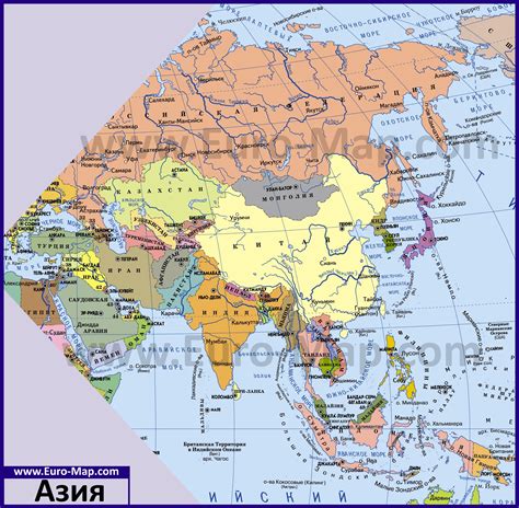 Карта Азии Подробная политическая и физическая карта Азии на русском