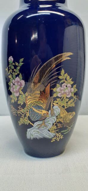 Vintage Cobalt Blue Vase Pheasant Peacock Flower Gold Trim Japanese