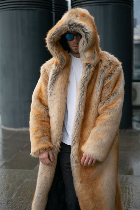Long Hooded Fox Faux Fur Coat Mens Coat With Oversize Etsy