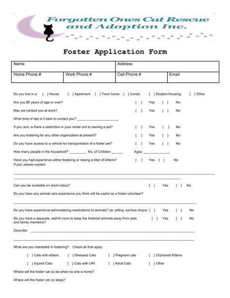 Foster Application Form Forgotten Ones Cat Rescue