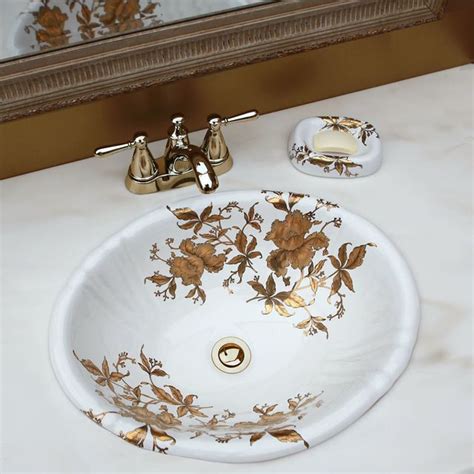 Gold Orchids Hand Painted Drop In Basin Traditional Bathroom Sinks