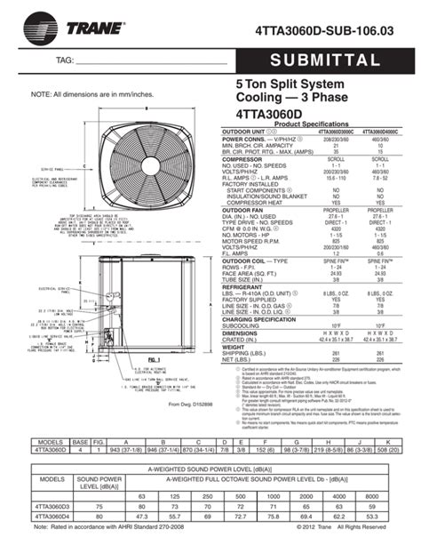Trane Submittal 5 Ton Split System Cooling 3 Phase 4tta3060d Manualzz