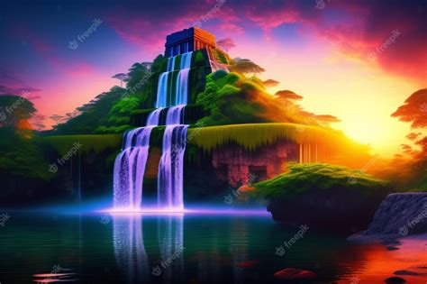 Premium Photo A Digital Painting Of A Waterfall With A Sunset In The