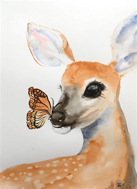 Original Watercolour Painting Deer And Butterfly A4 8x11 Woodland