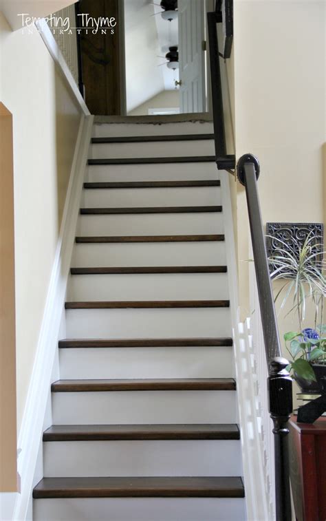 I am going to be painting the risers and skirtboards on my stairs, the treads have already been refinished (sanded, stained, and polyed). Heading on up: Installing New Stair Risers | tempting thyme