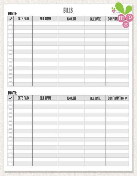 printable monthly bill chart bill organization printables organizing