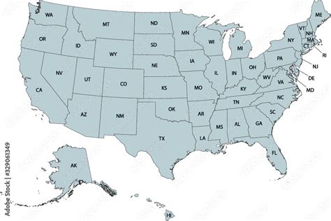 Vector Illustration Of The Gray Usa Federal Map With State Names