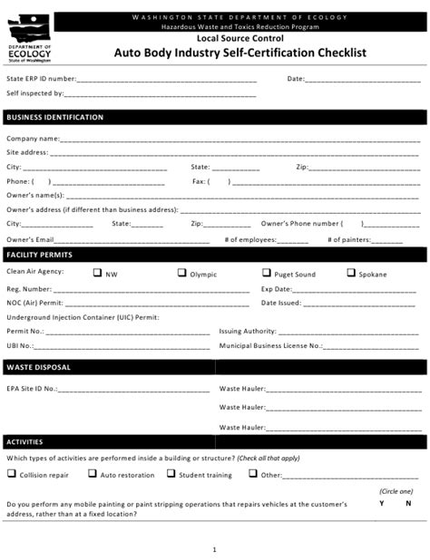 Washington Auto Body Industry Self Certification Checklist Fill Out