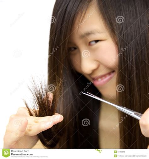 Happy Asian Girl Cutting Split Dead Ends Hair Stock Photos Free